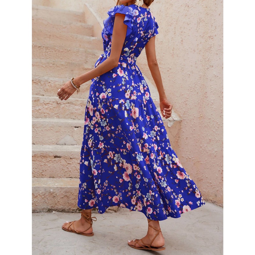 Floral Print Butterfly Sleeve Ruffle Hem Belted maxi Dress cream orange boho - Picture 11 of 12